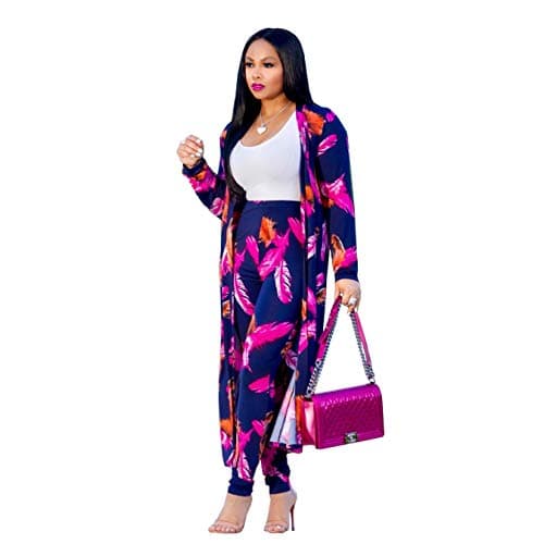 EshoonoWomen 2 Piece Club Outfits Long Sleeve Floral Open Front Cardigan and Pants Set