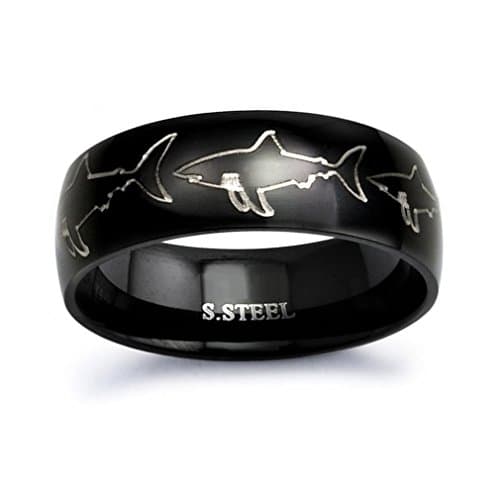 Black Plated Stainless Steel Ring with Engraved Shark Design size 8