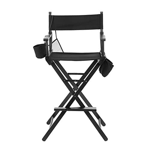 Tall Folding Director's Chair, Solid Wood Frame Professional Collapsible Bar Height Makeup Artist Chair with Footrest and Side Cup Holder & Storage Bag, Black