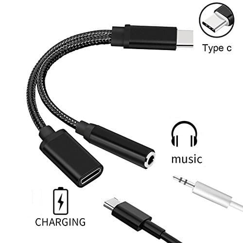 2 in 1 USB C/Type C Cable Fast Charge to 3.5mm Audio Jack Headphone Adapter Converter Supports Audio and Charging for Motorola MotoZ, Letv Le Pro 3,Not Fit for HTC and Pixel. (Black)
