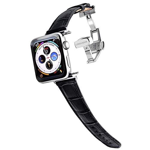 Longvadon Womens Leather Apple Watch Band - Compatible with Apple Watch Series 1-7 (38, 40 & 41MM) - Genuine Apple Watch Leather Band - Caiman Series - Midnight Black / Silver Details - M Size