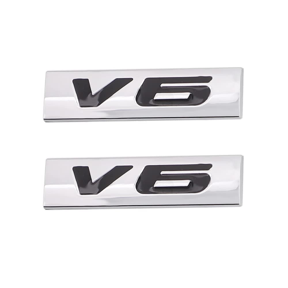 CARRUN 2 Pcs V6 Emblem 3D Metal Nameplate Badge Decal Car Side Rear Front Trunk Bumper Badge Sticker For Universal (Silver Black)