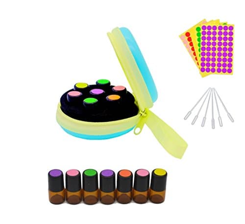 Stylish Essential Oil Key Chain Come with 7 Amber Vials Bottles, Blank Labels, Droppers, Fits Easily in Purse or Makeup Bag, Carry Your Favorite Essential Oils Everywhere You Go, Blue