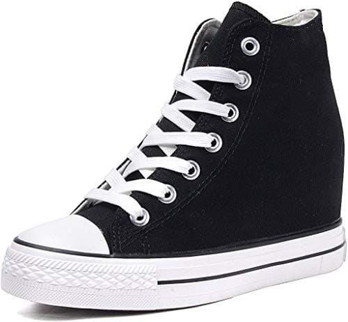 Catata Womens Casual Canvas Shoes Lace Up High Top Hidden Heeled Wedges Platform Fashion Sneakers Black