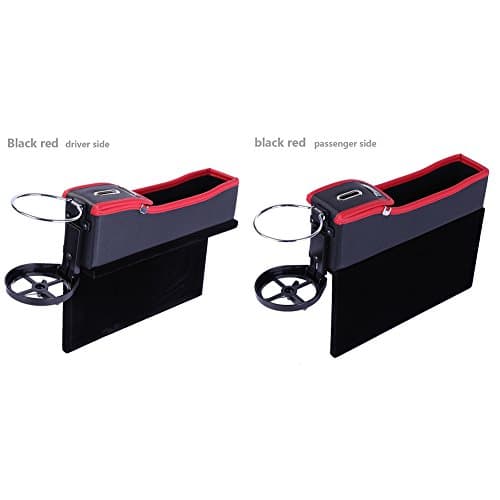 Onewell Multi-fuctional Car Seat Leather Storage Box, Console Side Pocket, Gap Catcher with Coin Organizer and Cup Holder (Set of 2, Black and Red)