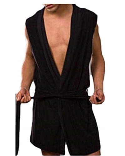 Men's Bathrobe Hooded Sleeveless Open Front Sleepwear Pajamas Silky Fabric Belt Robes