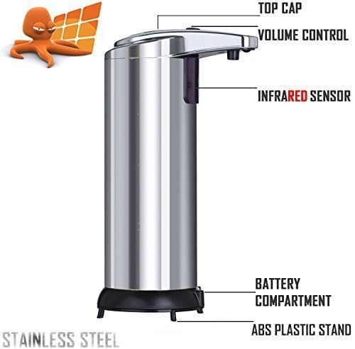 Octopus Automatic Sensor Soap Dispenser, Touchless 280ml, Perfect for Bathroom or Kitchen Countertops, Modern Design and Easy Refill - 2016 Premium Model, Infrared Detection – Stainless Steel