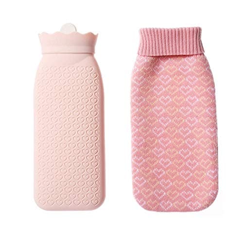 Microwave Heating Bottle Environmental Silicone Transparent Hot Water Bottle Hot Water Bag with Knit Cover, Hot & Cold Therapies（Pink）