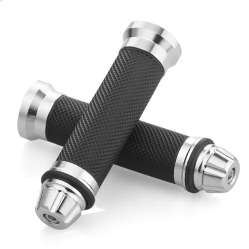 New Chrome Rubber Hand Grip Handlebar with Alloy Bar End Cap Fit Motorcycle Street Sport Dirt Bike with 7/8" 22mm Left Grip and 1" 25mm Right Grip