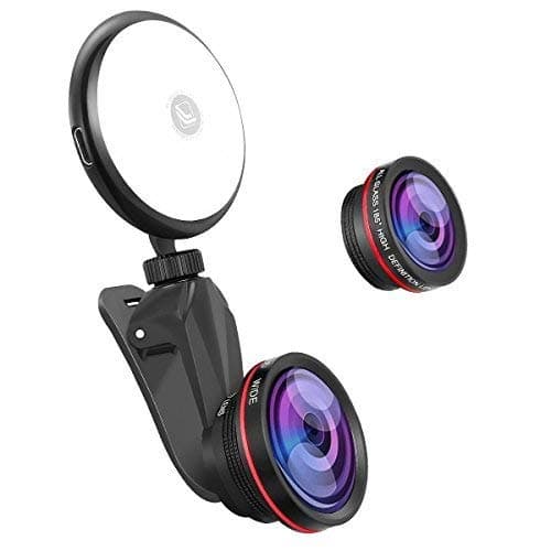 Phone Camera Lens kit with Beauty LED Fill Light for iPhone & Android Phones/iPad/Tablet/Laptop,50X Macro Lens and 4K HD Wide-Angle Lens 185° Fisheye Lens