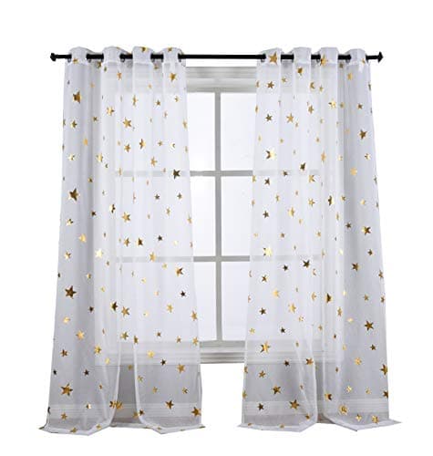 sgofais Gold Star Foil Print Sheer Curtains Grommets Top Window Treatment for Girl Bedroom Glitter Stars Thin and Soft Curtains Panel for Kids Room 54W by 84L inch ,2 Panles