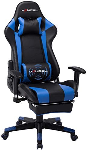 Computer Gaming Chair with Footrest- Adjustable Reclining High Back Swivel Home Office Chair with Headrest and Lumbar Massage Support Racing Style Video Chair (Black&Blue)