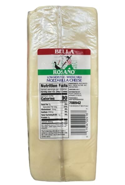 Bella Rosano Low Moisture Whole Milk Mozzarella Cheese, 6 lb