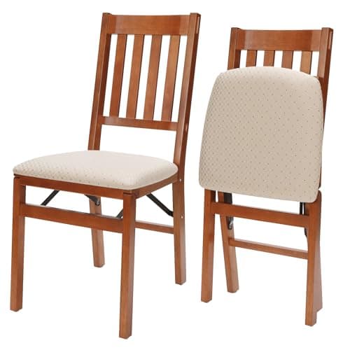 Stakmore Arts and Craft Wooden Folding Chairs with Padded Seats, Set of 2 - No Assembly Foldable Dining Chairs, Steel Folding Mechanism, Upholstered Cushion, Space-Saving, Cherry Frame