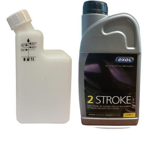 Exol 1 Litre two stroke Oil with mixing bottle - motorbike lawnmower chainsaw strimmer scooter moped 2 stroke oil 2T
