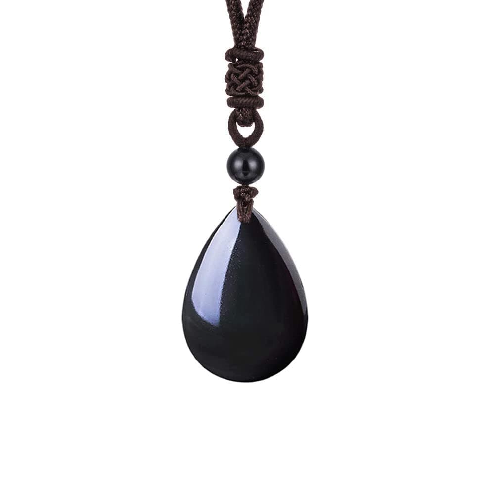 OCARLY 925 Black Obsidian Drop Pendant with Faint Rainbow Eyes Necklace Amulet Gemstone Stainless Steel/Titaniu/925 Chain Necklace