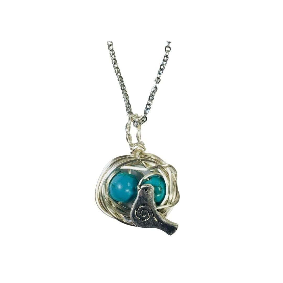 Robins Nest or Bird's Nest Pendant with 2 Turquoise Eggs on a 24 inch stainless steel link chain