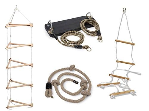 Equilibre et Aventure Portico 5 Rings Kit: 1 Swing Rope Ladder + 1 Rubber Thick Rope with Knots + 1 Wooden Triangular Pendant Multiple For All Standard Frames.