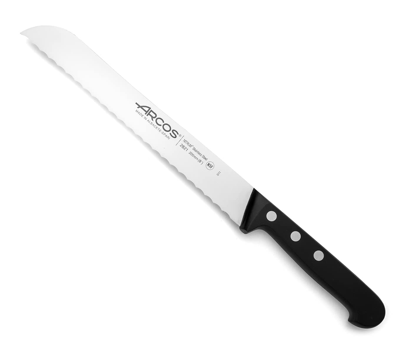 Arcos Bread Knife 8 Inch Nitrum Stainless Steel and 200 mm blade. Obtain a great variety of cuts for your food. Ideal knife for daily domestic use. Series Universal. Color Black