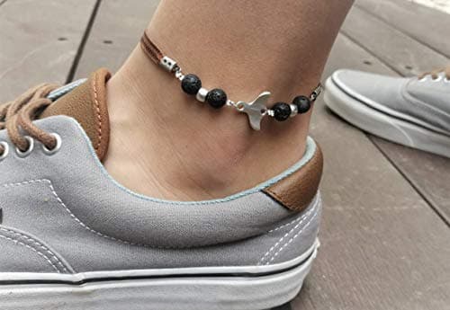 Anklet for Men with Whale Tail Charms and Black Lava Beads, Summer Ankle Bracelet