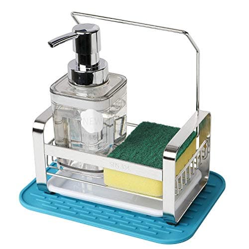 FANGSUN Kitchen Sink Caddy Organizer, Sponge Soap Holder, Countertop Sponge Rack with Drain Pan Tray and Silicone Mat, Not Include Soap Dispenser and Sponges (Blue)