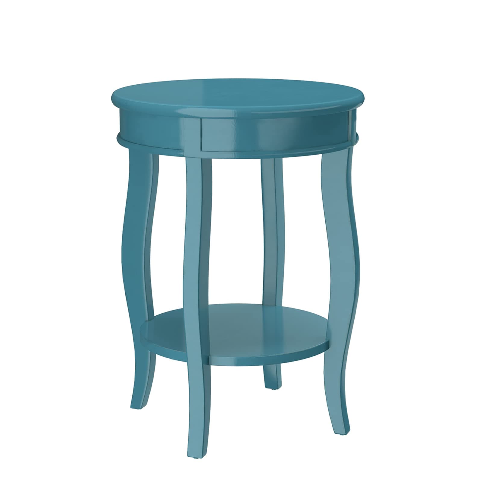 Acme Aberta Wooden Round End Table with Bottom Shelf in Teal