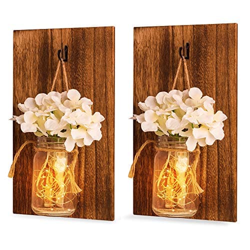 Mason Jar Sconce for Home Decor, Rustic Mason Wall Scones with Fairy LED String Lights & Flowers, Decorative Hanging Wall Scone for House Patio Garden Decoration (Set of 2)