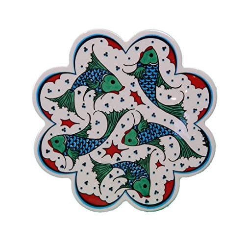 Akvaryum Turkish Hand Art Ceramic Trivet By EuroHand - 7.25 Inch Diameter - Anatolian Decorative Organic Paint Iznik Trivet with Foam Backing