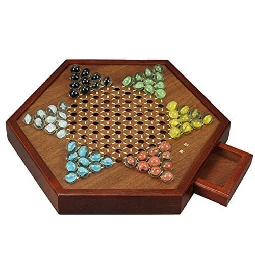 12.5" All Natural Wood Chinese Checkers with Storage Drawer and Glass Marbles Checkers Board Games for Family