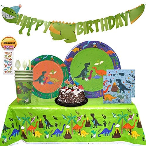 PartyLandUSA Dinosaur Party Supplies. 140+ Set with Banner, Napkins, Cups, Plates, Tablecloth, Dinosaurs Stickers and Cake Toppers. Dino World Jurassic Theme Birthday Decorations. For Boys or Girls.