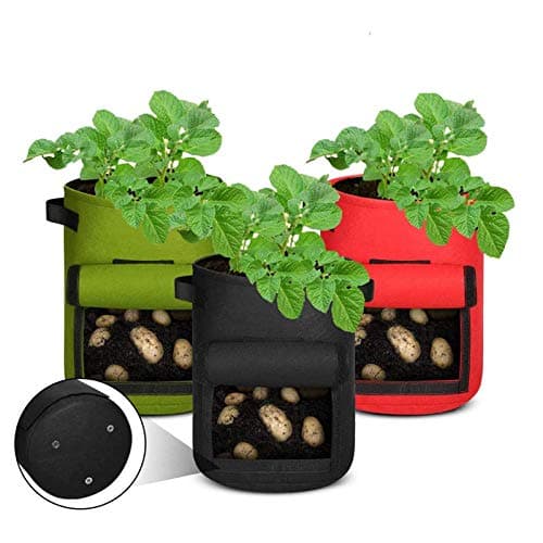 Aebitsry 3 Pack 10 Gallon Potato Grow Bags, Breathable Non-Woven Cloth, Tomato Flower Vegetable Growing Bags Plant Container Aeration Fabric Pots with Sticky Tape Window & Handles (Black Green Red)