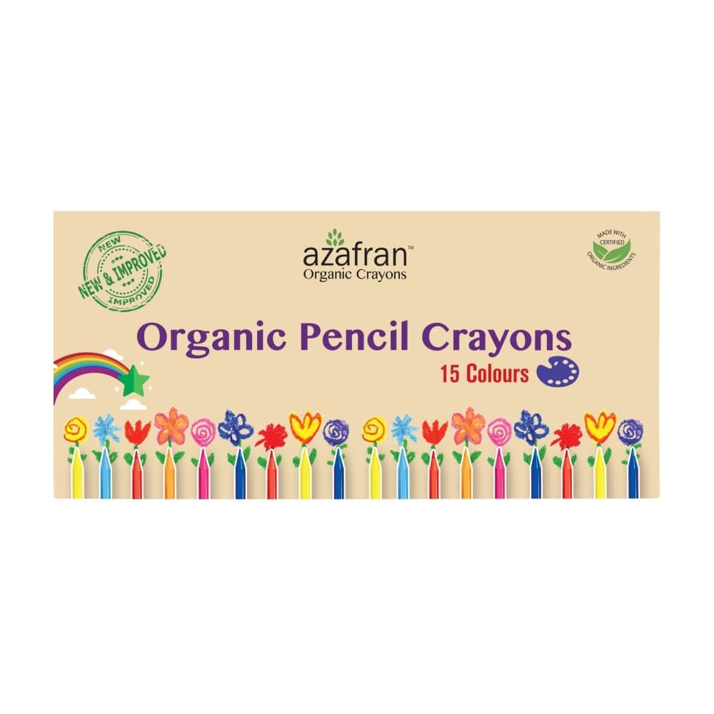 Azafran Organics 15 Non-Toxic Plant-Based Pencil Crayons, For Pre School Kids, Hypoallergenic, No Mineral Oils Or Harmful Chemicals, Multi-coloured