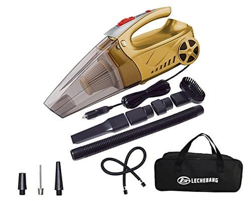 4 in 1 Air Pump Car Cleaner Hand Held Wet Dry DC 12V High Power Vacuum with Digital Tire Inflator and LED for Lighting-HEPA Filter … (Gold) (Pointer Meter)