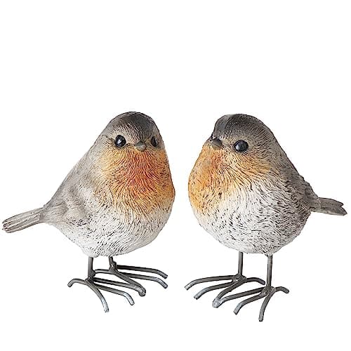 WHW Whole House Worlds Baby Puffed Sparrows, Set of 2, Bird Figurines, Grey, Light Orange, White, Hand Cast Resin, Metal Legs, 3.5 Inches