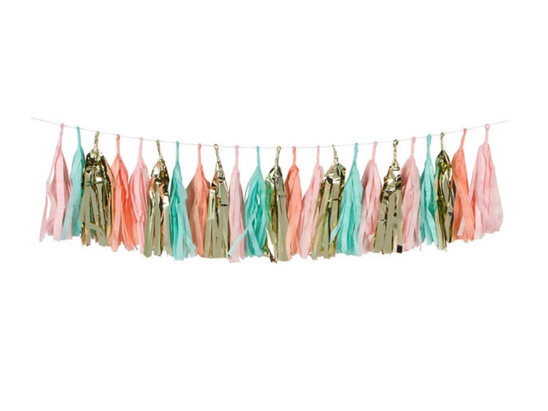 Already Assembled 16 x Tissue Paper Party Tassel Garland Ready To Hang (Mint Green, Baby Pink, Peach & Metallic Gold)