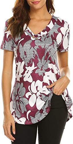 Women Floral Print V Neck Button Decor Peasant Swing Tunic Tops Shirts