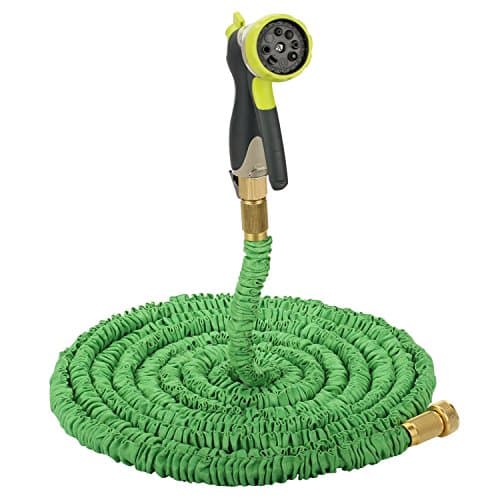 Evigreen 50FT Green Expandable Garden Hose Durable Latex Hose Pipe Strongest Fabric Cover Brass Connector with 8 Pattern Spray Nozzle