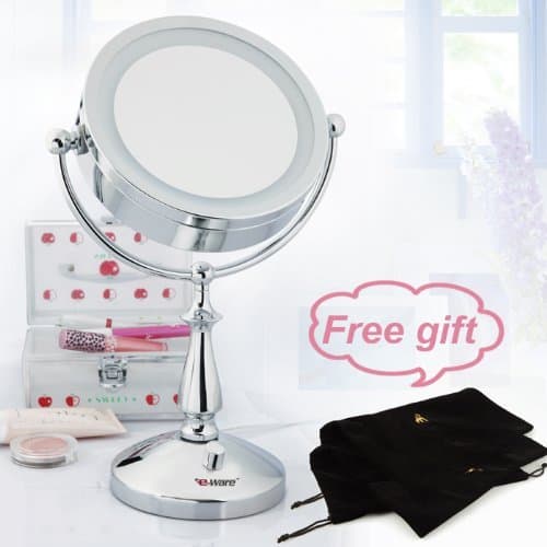E-Ware 9K011A Double-sided 1x/10x Table Top LED Lighted Makeup Mirror, 7", Mental with Satin Nickel Finish, Light Control Twist