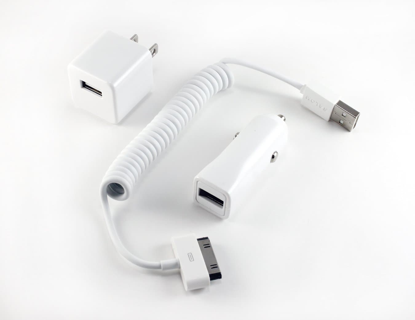 Salom Apple uCharge Go+ USB Home and car Charger w/Apple 30-pin USB Data Cable (White): iPhone/ iPhone3G/ iPhone3GS/ iPhone4/ iPhone4CDMA/ iPhone4S/ iPod Classic/iPod Nano/iPod Touch/iPad