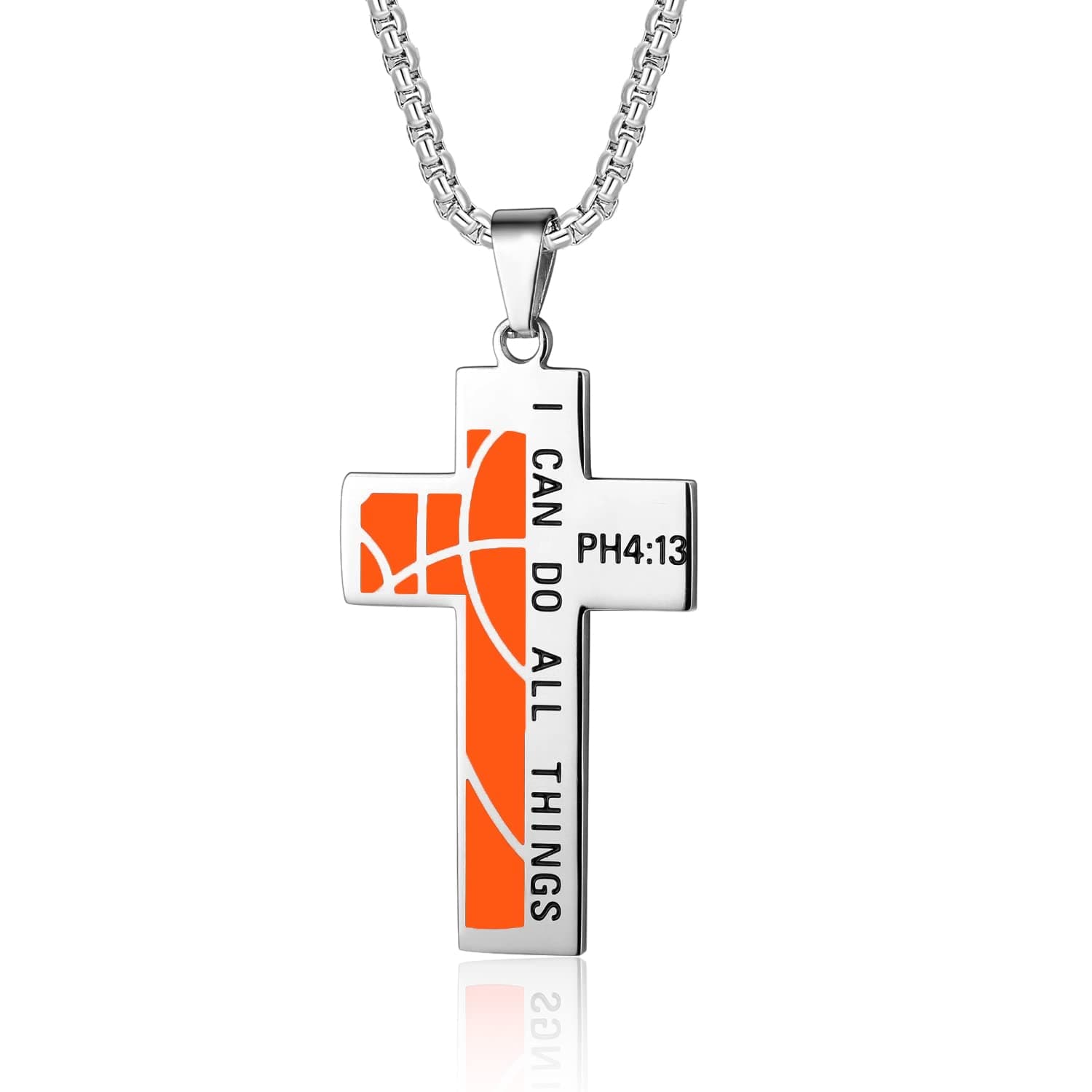 Basketball Cross Necklace for Men Bible Verse I CAN DO All Things Stainless Steel Sport Pendant for Men, 4.5x 3 cm / 1.77 x 1.2 inch, Stainless Steel, No Gemstone