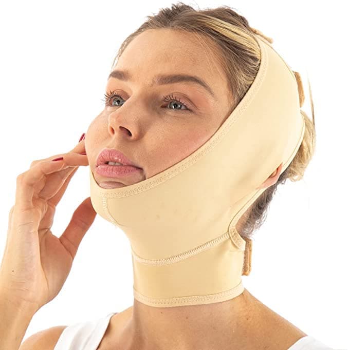 invera Post Surgery Neck and Chin Compression Garment Wrap Bandage, Face Slimmer, Jowl Tightening, Neck Coverage, Chin Lifting Strap (Beige, S)