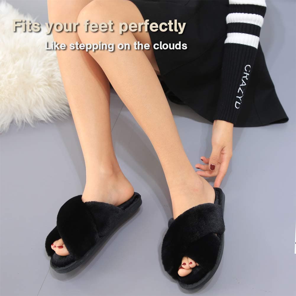 LZLER Women’s Cross Band Slippers, Soft Plush Fleece Lightweight Non Slip Open Toe Flip Flop Shoes House Indoor Outdoor Fur Fuzzy Slippers