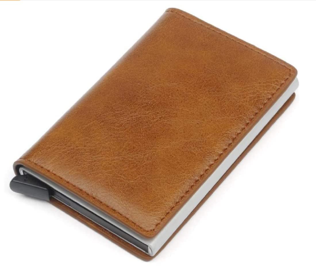 Men's Genuine Leather Wallet | RFID Blocking Aluminum Automatic Pop Up Credit Card Holder Case | Holds up to 9 Cards (24 Tan)