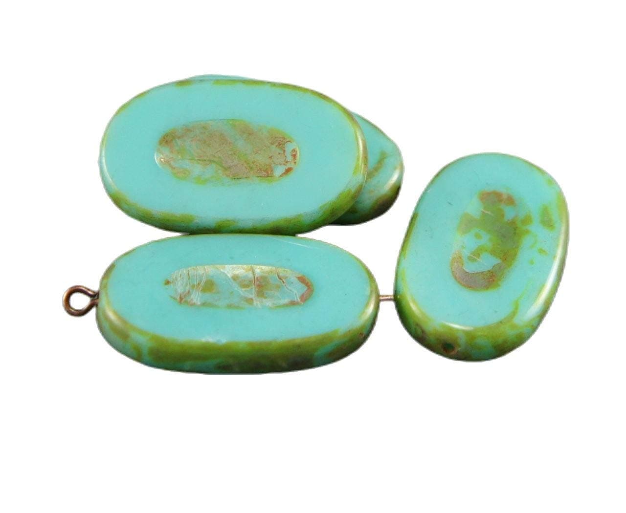 2pcs Large Picasso Brown Turquoise Flat Oval Table Cut Carved Czech Glass Beads 26mm x 15mm