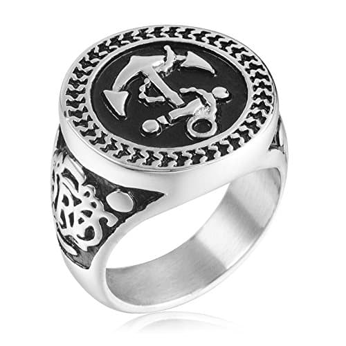 Hankadeco Mens Anchor Rings Stainless Steel Chain Snake Skin Ring