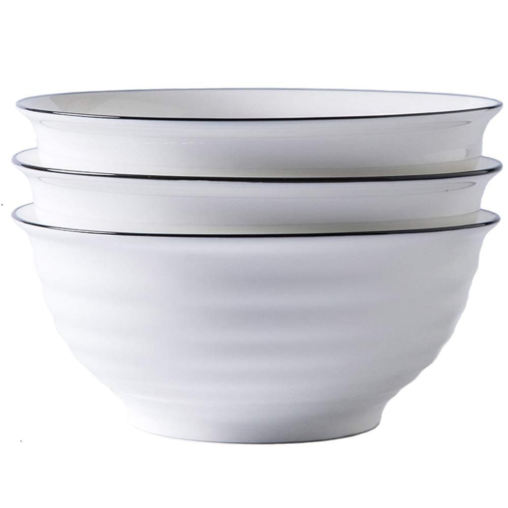 Hoteck Salad Bowl 3-Pack-55 Oz, Large Soup Bowls Thread Round White, Porcelain Serving Bowl-Sets for Salad,Pasta and Cereal