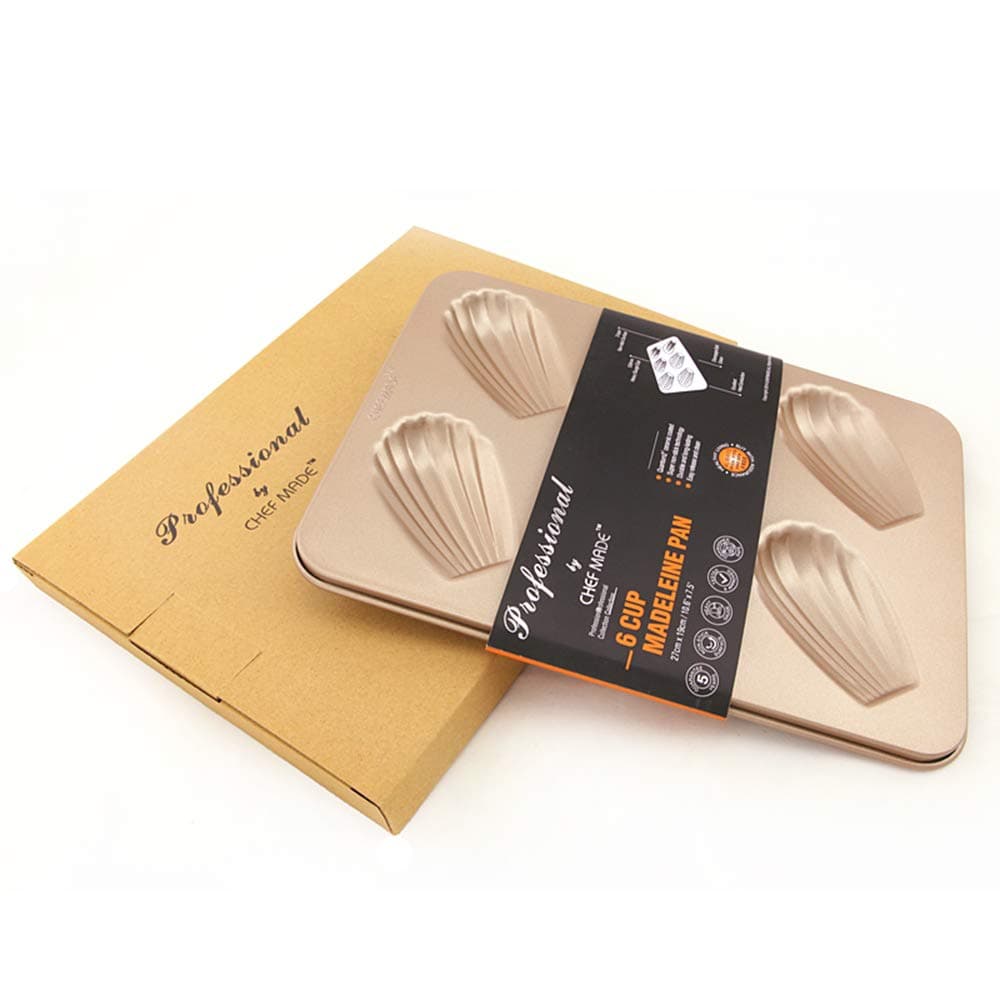 CHEFMADE Madeleine Mold Cake Pan, 12-Cavity Non-Stick Heart Scallop Madeline Bake Ware,Oven Baking.Baking Tray Oven Appliances Household Non-Stick Baking Tray. (Shells 6 Cups - Gold).
