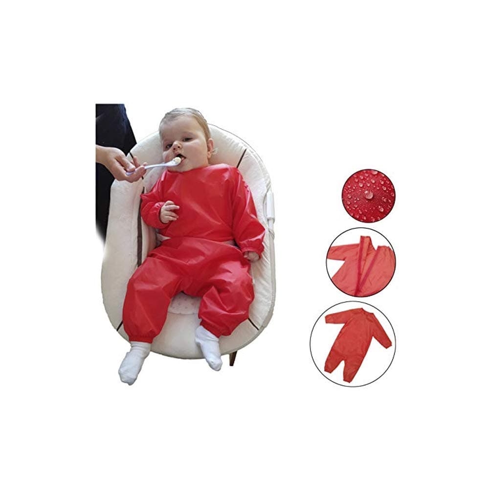 Baby Bib Overall with Arms and Legs | RED | 100% BPA Free | All in One Romper | Girls Boys | Full-Body Apron Sleeves Waterproof Washable Infant Baby Toddler Children | MIND CARE ESSENTIALS