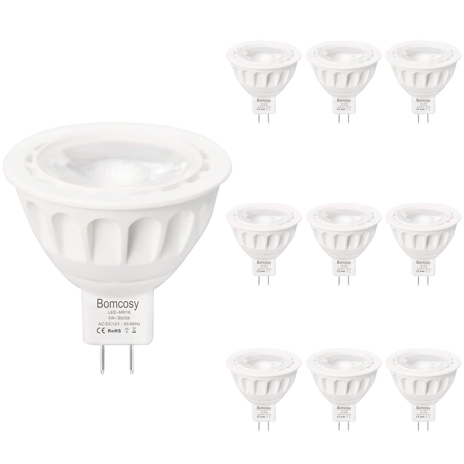 Bomcosy MR16 GU5.3 LED Light Bulbs-Pack of 10 Units, 5W LED Warm White 3000K, 50W Halogen Spotlight Bulbs Equivalent, AC/DC 12V, 420 Lumens, 35 Degree Focus Beam Angle, Non Dimmable