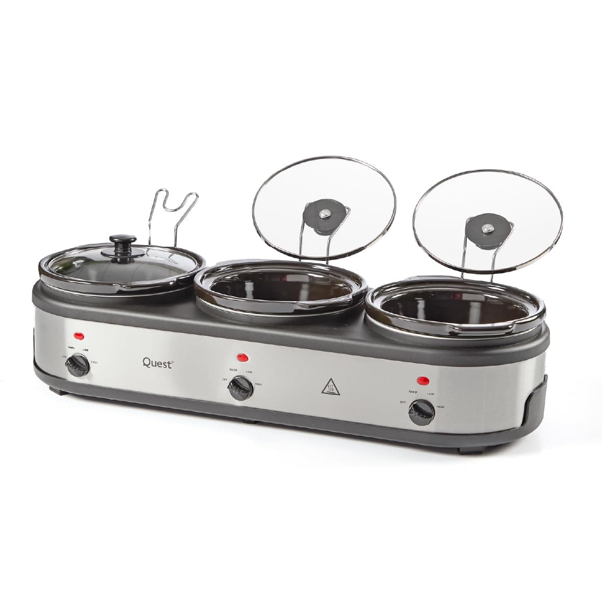 Quest Triple Slow Cooker, Buffet Server & Food Warmer, 7.5L Total Capacity - 3x 2.5 Litre Ceramic Pots, Easy to Clean, Includes Lids & Lid Stands, 3 Heat Settings